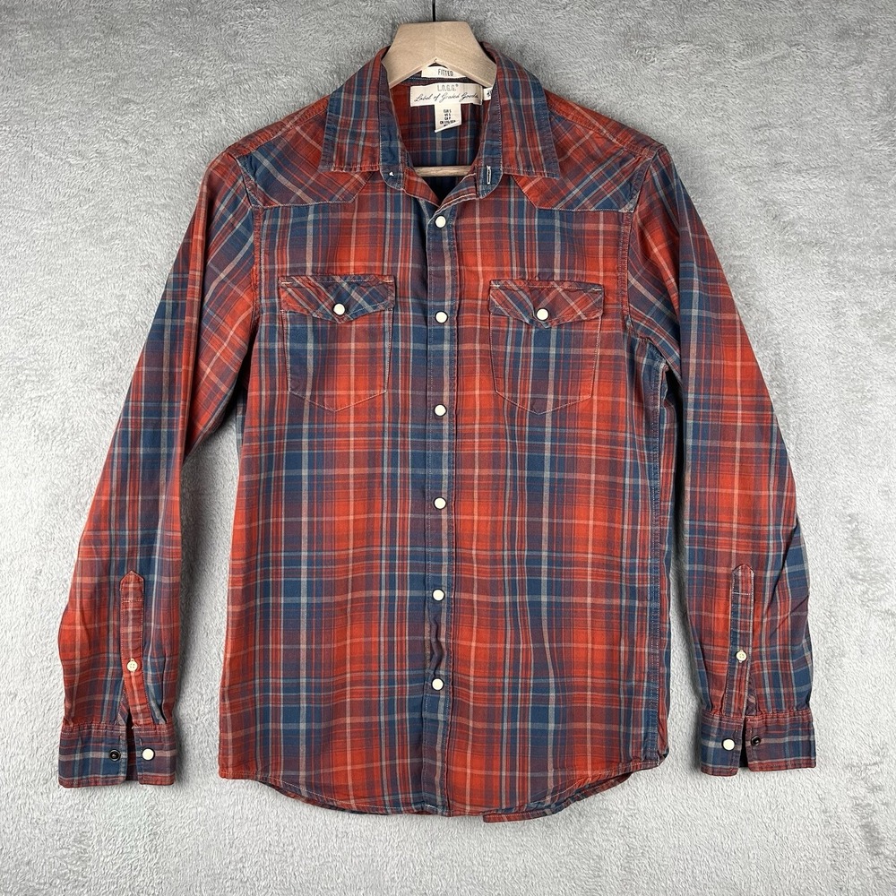 LOGG/H&M Men's Western Pearl Snap Shirt Size S Red Plaid Long Sleeve Fitted